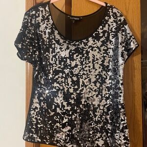 Short sleeve black (back chiffon) and silver sequin top.